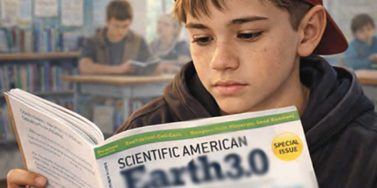 teen in backwards baseball cap reading scientific american